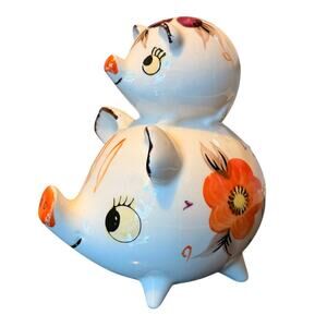 Vintage Double Pig Piggy Bank Ceramic Our Own Import Japan Floral